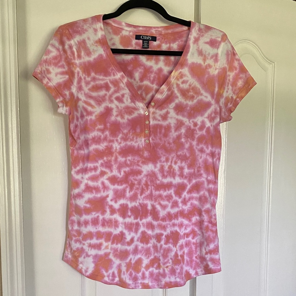 Chaps Pink and White Tie-Dye Short Sleeve Top
